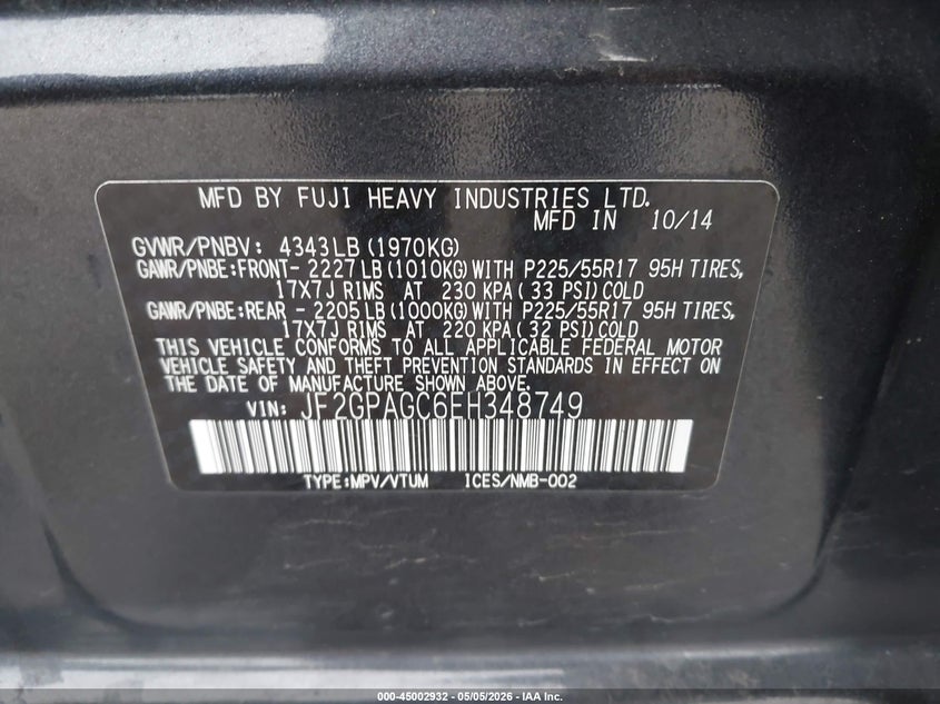 2014 Subaru Xv VIN JF2GPAGC6EH348749 IAAI salvage auction — FRONT END, Salvage (Nebraska), sold $1,700 on 2026-07-16 (photo 9)