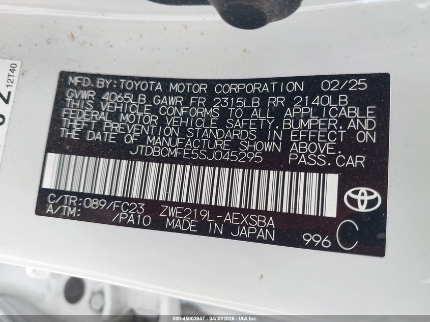 2025 Toyota Corolla VIN JTDBCMFE5SJ045295 IAAI salvage auction — LEFT FRONT, Salvage (Arizona), sold $3,650 on 2026-07-21 (photo 9)