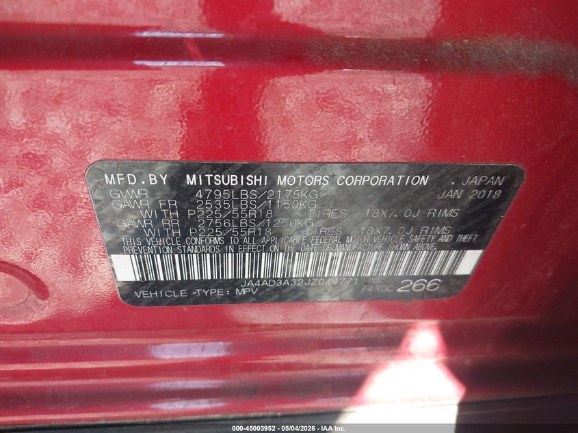 2018 Mitsubishi Outlander VIN JA4AD3A32JZ044771 IAAI salvage auction — LEFT FRONT, Salvage (Georgia), sold $1,100 on 2026-08-21 (photo 9)