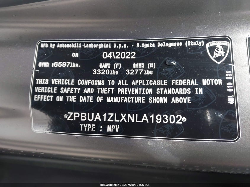 2022 Lamborghini Urus VIN ZPBUA1ZLXNLA19302 IAAI salvage auction — FRONT END, Salvage (Florida), sold $79,500 on 2026-07-30 (photo 9)