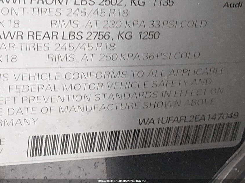 2014 Audi Allroad VIN WA1UFAFL2EA147049 IAAI salvage auction — FRONT END, Salvage (Colorado), sold $700 on 2026-07-14 (photo 9)