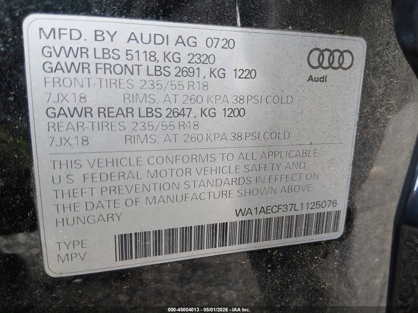 2020 Audi Q3 VIN WA1AECF37L1125076 IAAI salvage auction — SIDE, Wait Title, sold $2,450 on 2026-07-28 (photo 9)