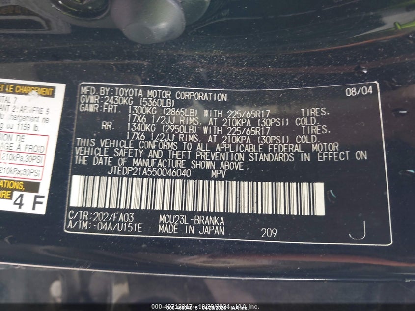 2005 Toyota Highlander VIN JTEDP21A550046040 IAAI salvage auction — ROLLOVER, Salvage (Idaho), sold $400 on 2026-07-08 (photo 9)