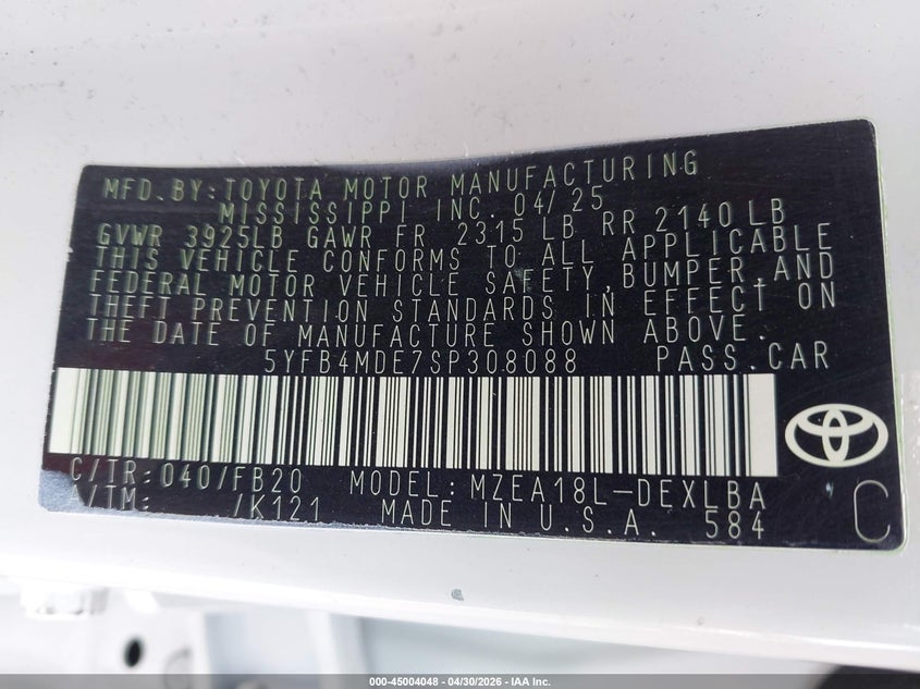2025 Toyota Corolla VIN 5YFB4MDE7SP308088 IAAI salvage auction — REAR END, Mv-907A (New York), sold $3,900 on 2026-07-14 (photo 9)