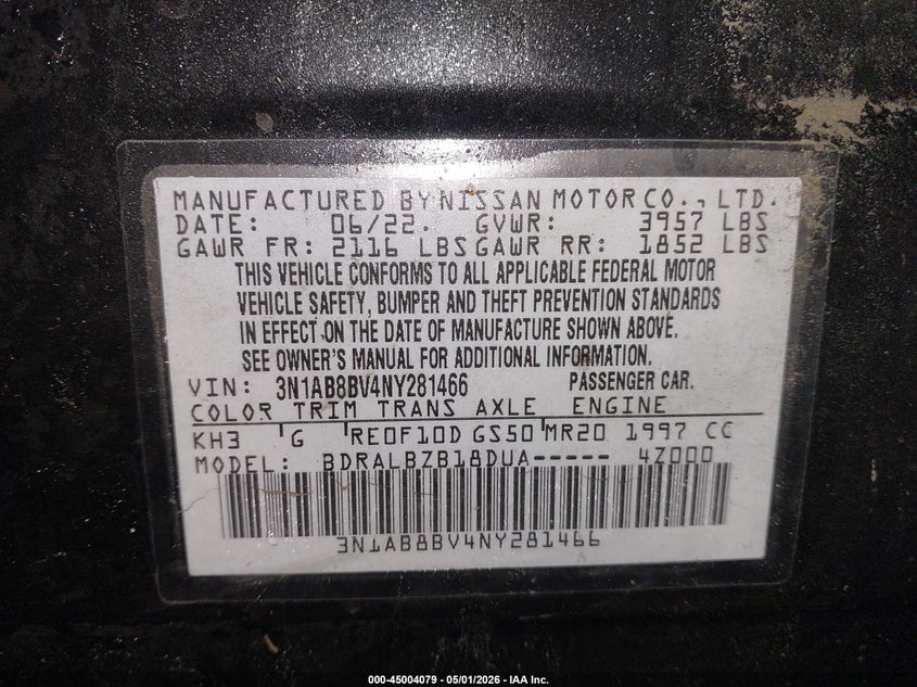 2022 Nissan Sentra VIN 3N1AB8BV4NY281466 IAAI salvage auction — LEFT FRONT, Salvage (Texas), sold $1,075 on 2026-07-19 (photo 9)