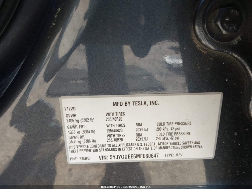 2021 Tesla Model y VIN 5YJYGDEE6MF080647 IAAI salvage auction — RIGHT FRONT, Wait Title, sold $3,050 on 2026-07-24 (photo 9)