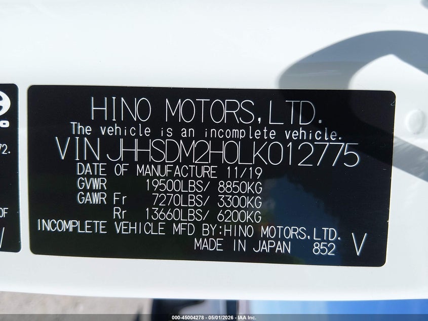 2020 Hino 195 VIN JHHSDM2H0LK012775 IAAI salvage auction — NORMAL WEAR, Clear (Nevada), sold $4,350 on 2026-07-10 (photo 9)