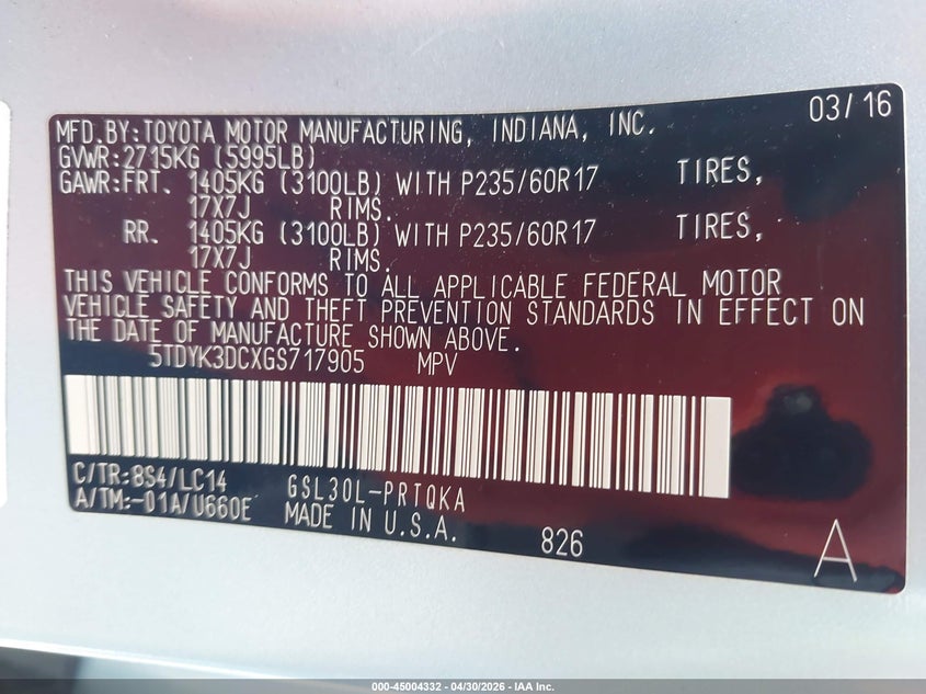 2016 Toyota Sienna VIN 5TDYK3DCXGS717905 IAAI salvage auction — LEFT SIDE, Rebuildable (Florida), sold $1,825 on 2026-07-23 (photo 9)