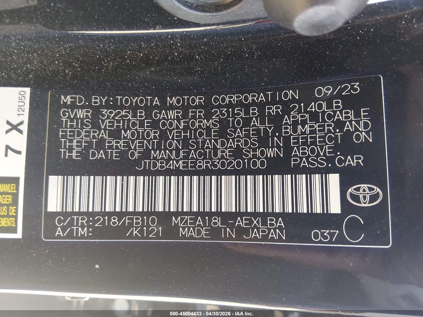 2024 Toyota Corolla VIN JTDB4MEE8R3020100 IAAI salvage auction — FRONT END, Salvage (Nevada), sold $3,900 on 2026-07-24 (photo 9)
