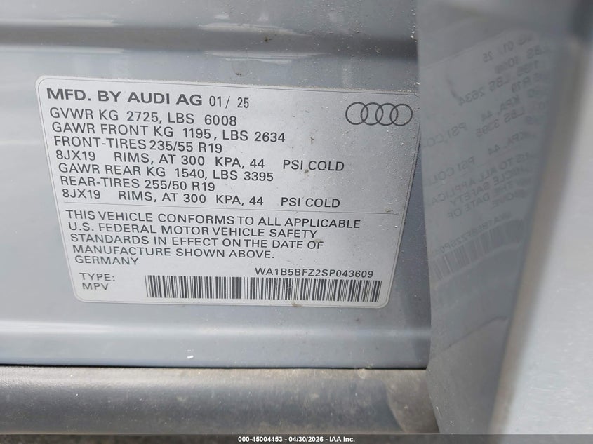 2025 Audi Q4 e-tron VIN WA1B5BFZ2SP043609 IAAI salvage auction — RIGHT FRONT, Salvage (North Carolina), sold $8,500 on 2026-07-09 (photo 9)