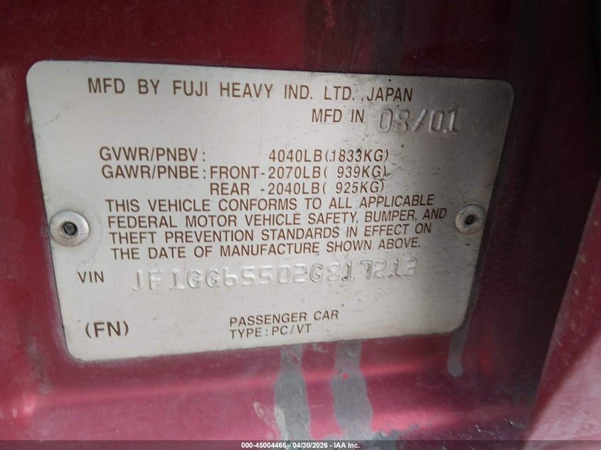 2002 Subaru Impreza VIN JF1GG65502G817213 IAAI salvage auction — FRONT END, Salvage (Oregon), sold $175 on 2026-07-06 (photo 9)