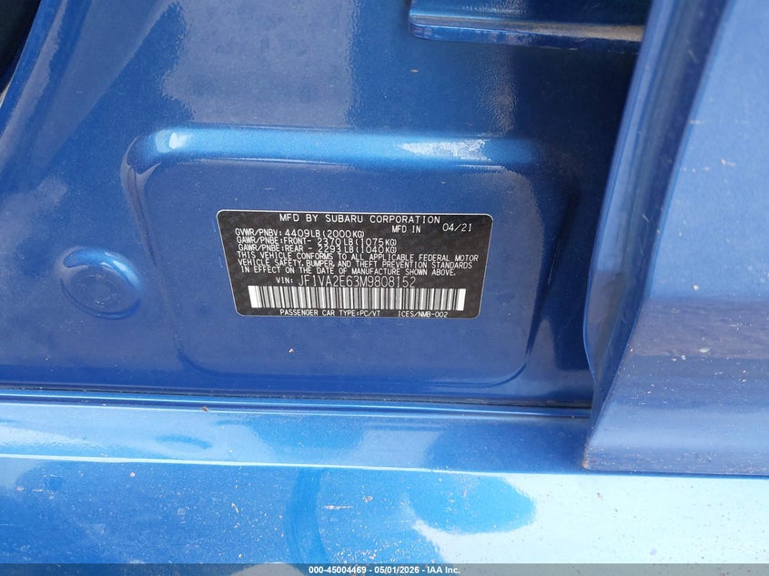 2021 Subaru Wrx sti VIN JF1VA2E63M9808152 IAAI salvage auction — RIGHT SIDE, Original (Texas), sold $6,250 on 2026-07-13 (photo 9)