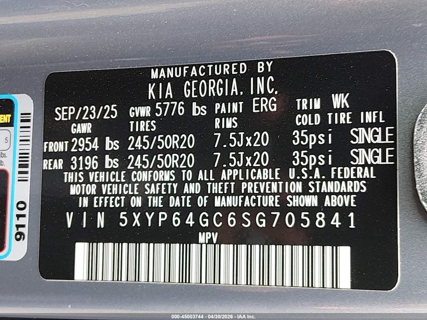 2025 Kia Telluride VIN 5XYP64GC6SG705841 IAAI salvage auction — FRONT END, Salvage (Oklahoma), sold $6,450 on 2026-07-14 (photo 9)