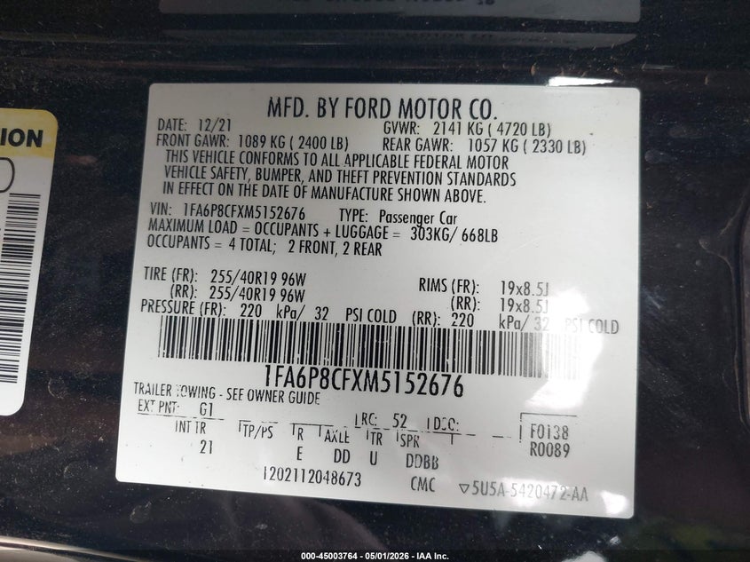 2021 Ford Mustang VIN 1FA6P8CFXM5152676 IAAI salvage auction — FRONT END, Original (Texas), sold $17,000 on 2026-07-10 (photo 9)