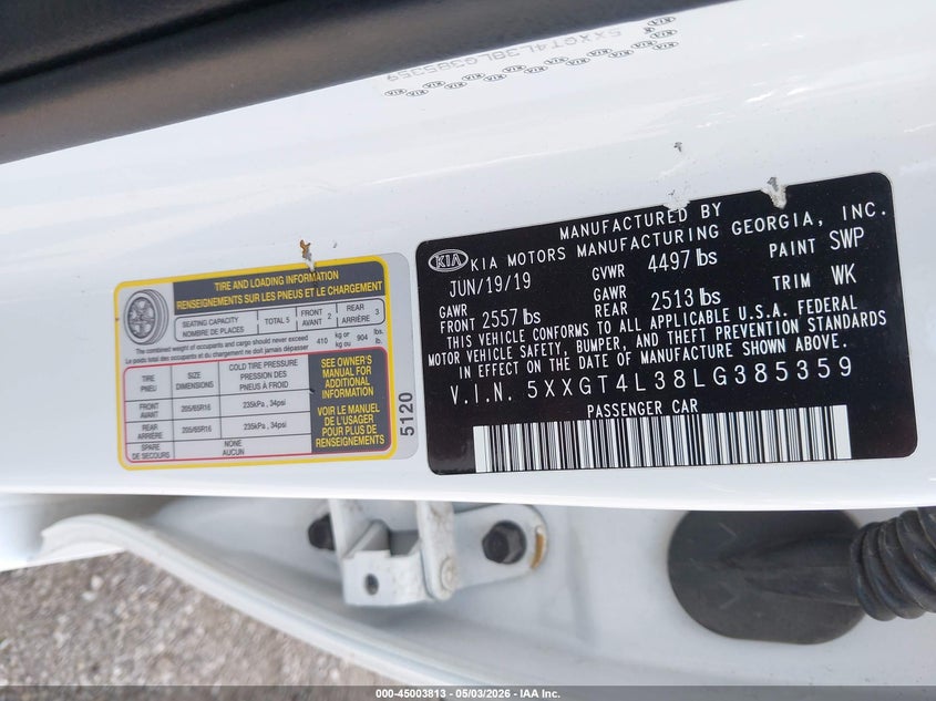 2020 Kia Optima VIN 5XXGT4L38LG385359 IAAI salvage auction — HAIL, Salvage (Iowa), sold $2,100 on 2026-07-20 (photo 9)