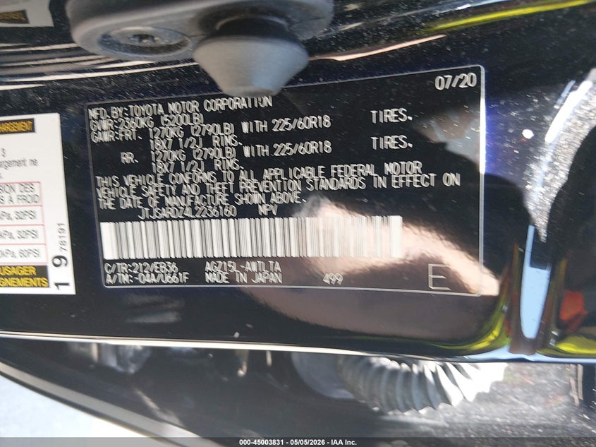 2020 Lexus Nx VIN JTJSARDZ4L2236160 IAAI salvage auction — FRONT END, Salvage Title, sold $12,800 on 2026-07-27 (photo 9)