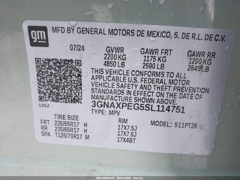 2025 Chevrolet Equinox VIN 3GNAXPEG5SL114751 IAAI salvage auction — SIDE, Clear (Oklahoma), sold $9,450 on 2026-07-18 (photo 9)
