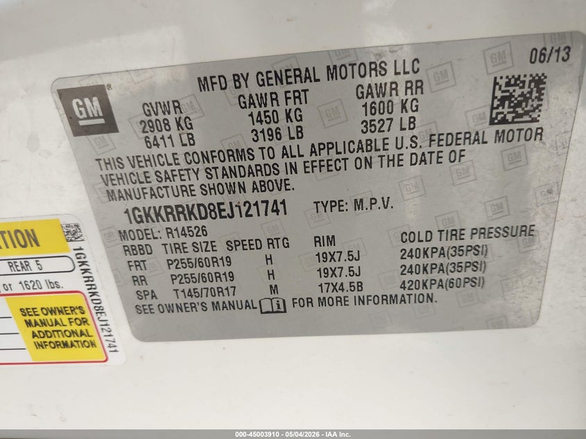 2014 Gmc Acadia VIN 1GKKRRKD8EJ121741 IAAI salvage auction — HAIL, Clear (Oklahoma), sold $2,000 on 2026-08-01 (photo 9)
