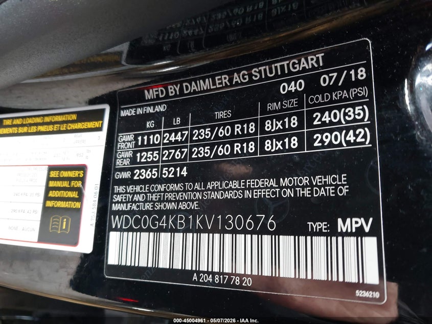 2019 Mercedes-benz Glc VIN WDC0G4KB1KV130676 IAAI salvage auction — RIGHT SIDE, Salvage (Massachusetts), sold $8,800 on 2026-07-28 (photo 9)