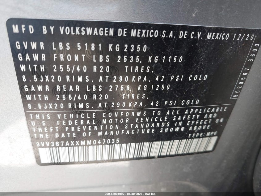 2021 Volkswagen Tiguan VIN 3VV3B7AXXMM047035 IAAI salvage auction — FRONT END, Certificate Of Destruction (Florida), sold $5,800 on 2026-08-01 (photo 9)