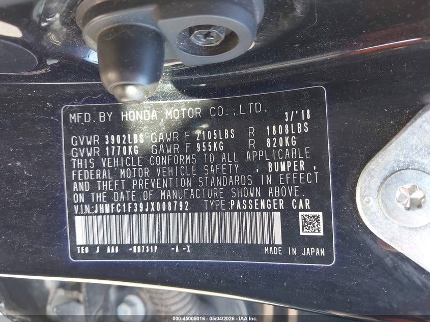 2018 Honda Civic VIN JHMFC1F39JX008792 IAAI salvage auction — LEFT SIDE, Salvage (Ohio), sold $3,100 on 2026-07-20 (photo 9)