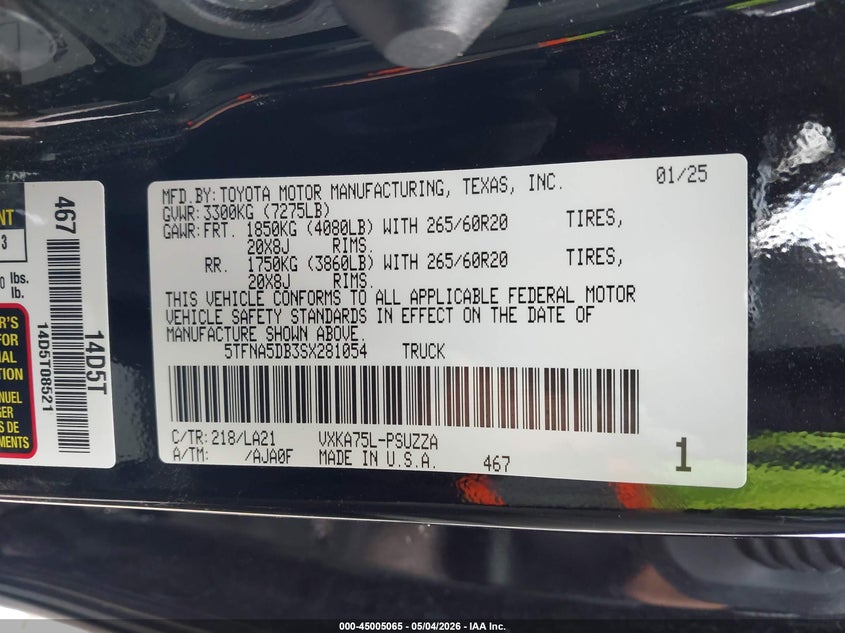 2025 Toyota Tundra VIN 5TFNA5DB3SX281054 IAAI salvage auction — LEFT FRONT, Original (Texas), sold $23,225 on 2026-07-27 (photo 9)