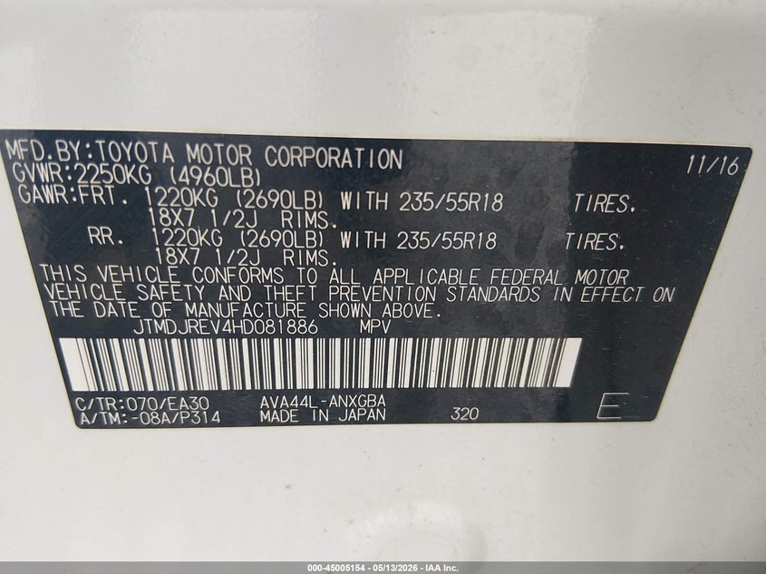 2017 Toyota Rav 4 VIN JTMDJREV4HD081886 IAAI salvage auction — REAR END, Salvage (Alabama), sold $5,600 on 2026-08-02 (photo 9)