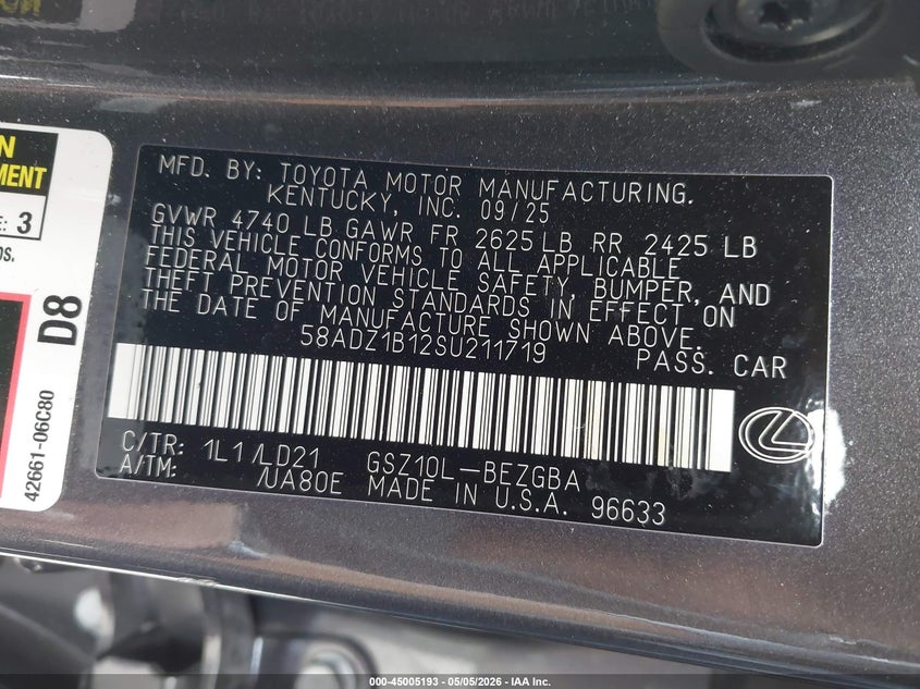 2025 Lexus ES VIN 58ADZ1B12SU211719 IAAI salvage auction — FRONT END, Salvage (California), sold $21,400 on 2026-07-29 (photo 9)