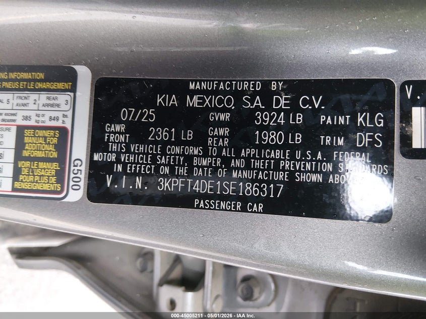 2025 Kia K4 VIN 3KPFT4DE1SE186317 IAAI salvage auction — REAR END, Salvage Title, sold $7,000 on 2026-07-09 (photo 9)