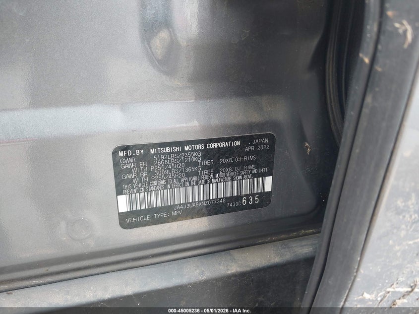 2022 Mitsubishi Outlander VIN JA4J3UA8XNZ077348 IAAI salvage auction — REAR END, Wait Title, sold $5,300 on 2026-07-10 (photo 9)