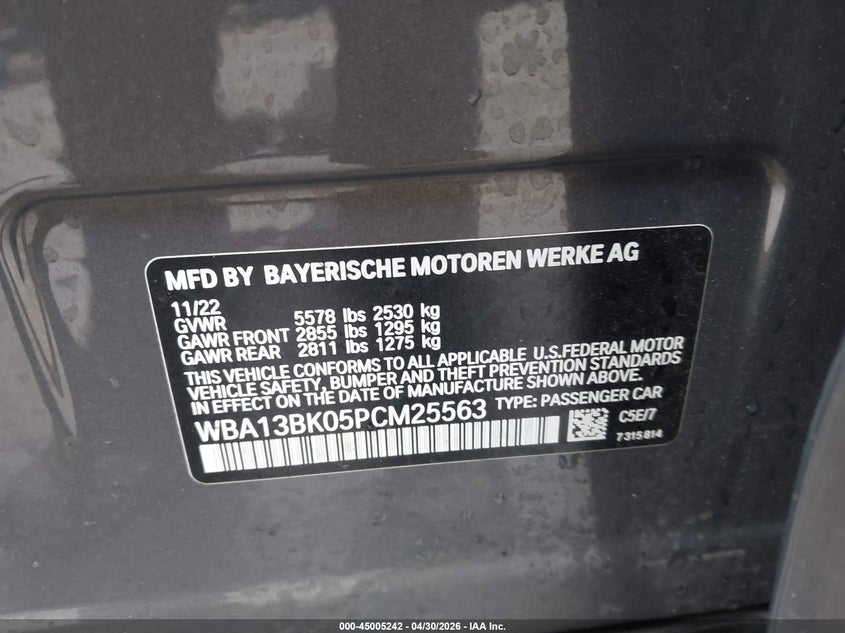 2023 BMW 5er VIN WBA13BK05PCM25563 IAAI salvage auction — FRONT END, Salvage (New Hampshire), sold $14,500 on 2026-08-05 (photo 9)