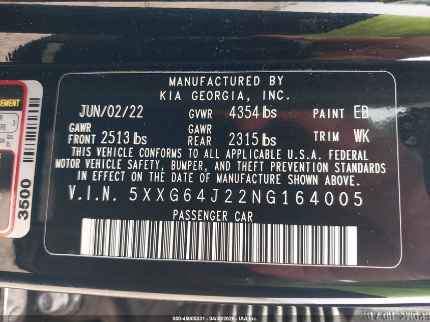 2022 Kia K5 VIN 5XXG64J22NG164005 IAAI salvage auction — RIGHT SIDE, Original (Texas), sold $5,950 on 2026-07-09 (photo 9)