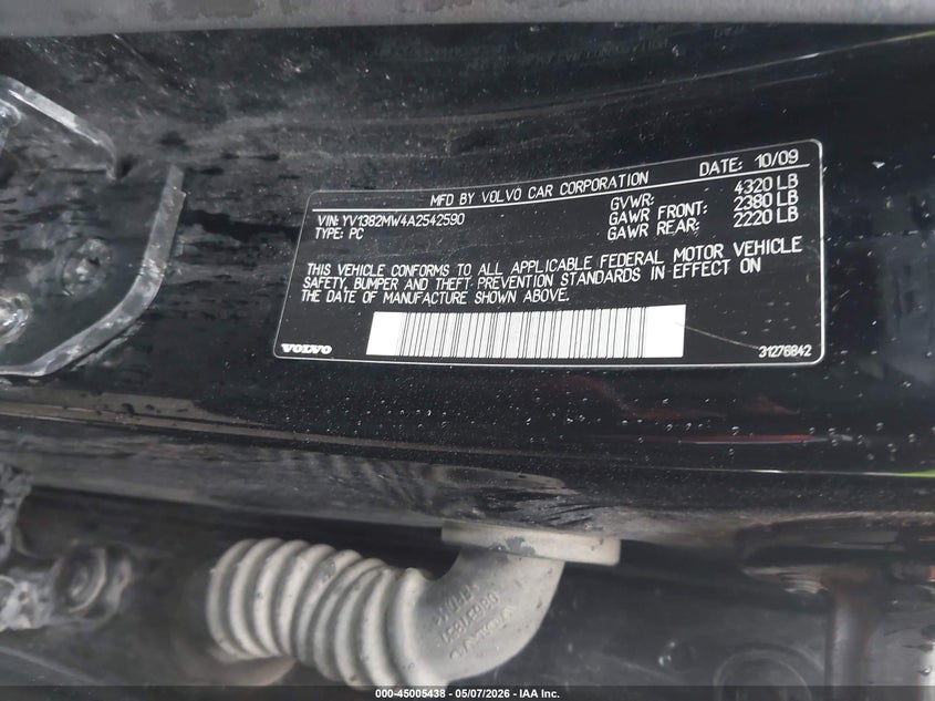 2010 Volvo V50 VIN YV1382MW4A2542590 IAAI salvage auction — HAIL, Salvage (Iowa), sold $450 on 2026-07-13 (photo 9)