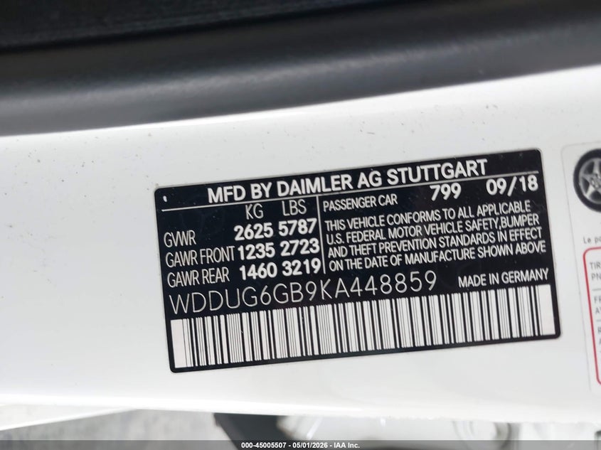 2019 Mercedes-benz S-klasse VIN WDDUG6GB9KA448859 IAAI salvage auction — RIGHT FRONT, Rebuildable (Florida), sold $20,200 on 2026-07-15 (photo 9)