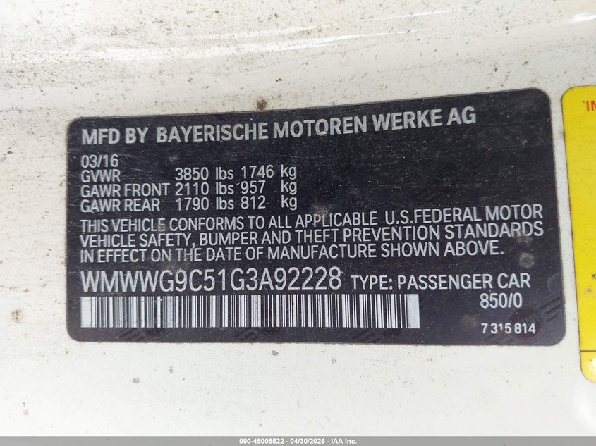 2016 Mini Convertible VIN WMWWG9C51G3A92228 IAAI salvage auction — FRONT & REAR, Rebuildable (Florida), sold $2,800 on 2026-07-10 (photo 9)