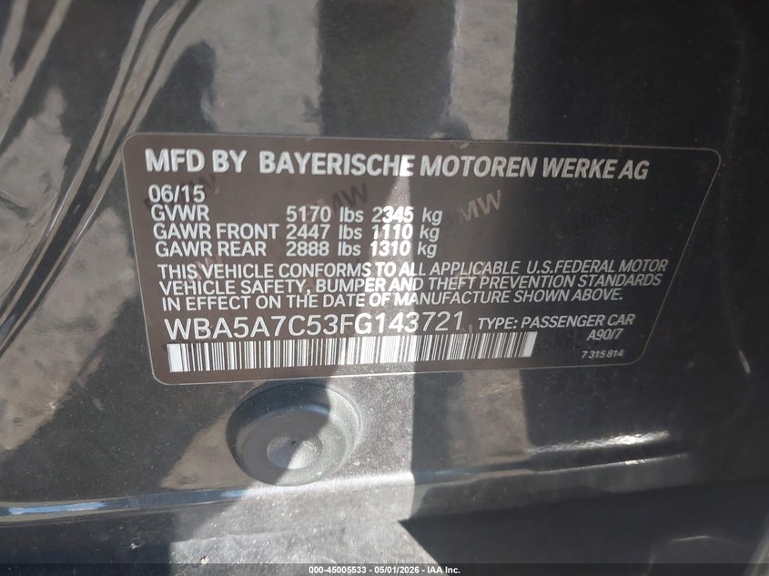 2015 BMW 5er VIN WBA5A7C53FG143721 IAAI salvage auction — RIGHT FRONT, Salvage (Pennsylvania), sold $1,325 on 2026-07-31 (photo 9)