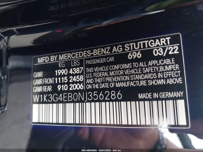2022 Mercedes-benz A-klasse VIN W1K3G4EB0NJ356286 IAAI salvage auction — FRONT END, Salvage Certificate (California), sold $9,000 on 2026-08-23 (photo 9)