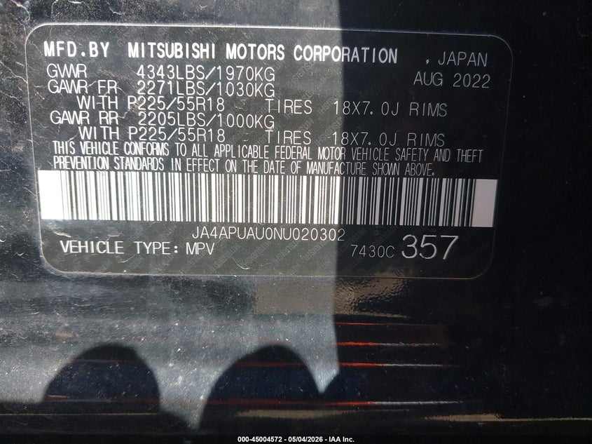 2022 Mitsubishi Outlander VIN JA4APUAU0NU020302 IAAI salvage auction — FRONT END, Mv-907A (New York), sold $4,400 on 2026-07-09 (photo 9)