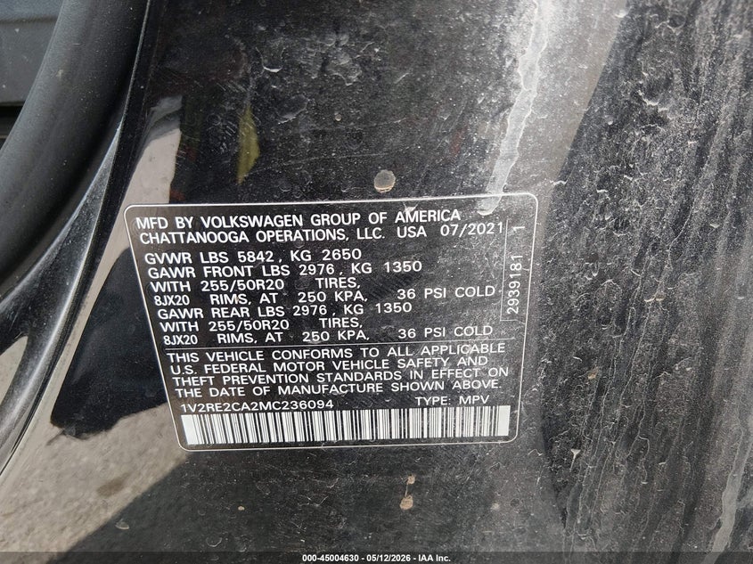 2021 Volkswagen Atlas cross sport VIN 1V2RE2CA2MC236094 IAAI salvage auction — HAIL, Salvage (Iowa), sold $8,875 on 2026-07-21 (photo 9)