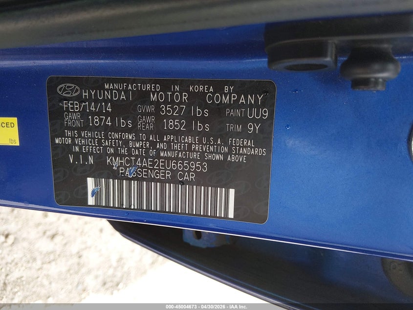 2014 Hyundai Accent VIN KMHCT4AE2EU665953 IAAI salvage auction — HAIL, Salvage (Kansas), sold $1,700 on 2026-07-17 (photo 9)