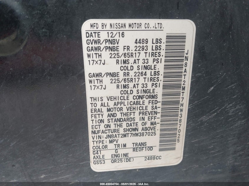 2017 Nissan Rogue VIN JN8AT2MT7HW387025 IAAI salvage auction — RIGHT REAR, Salvage (Texas), sold $1,575 on 2026-07-28 (photo 9)