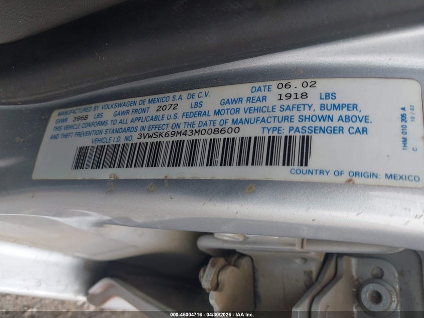 2003 Volkswagen Jetta VIN 3VWSK69M43M008600 IAAI salvage auction — FRONT END, Salvage (Texas), sold $350 on 2026-07-25 (photo 9)
