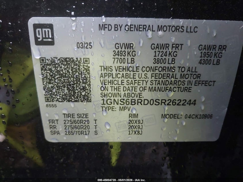 2025 Chevrolet Suburban VIN 1GNS6BRD0SR262244 IAAI salvage auction — FRONT END, Original (Ohio), sold $35,650 on 2026-07-29 (photo 9)