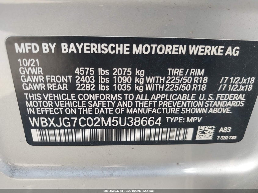 2021 BMW X1 VIN WBXJG7C02M5U38664 IAAI salvage auction — FRONT END, Salvage (California), sold $6,350 on 2026-07-13 (photo 9)