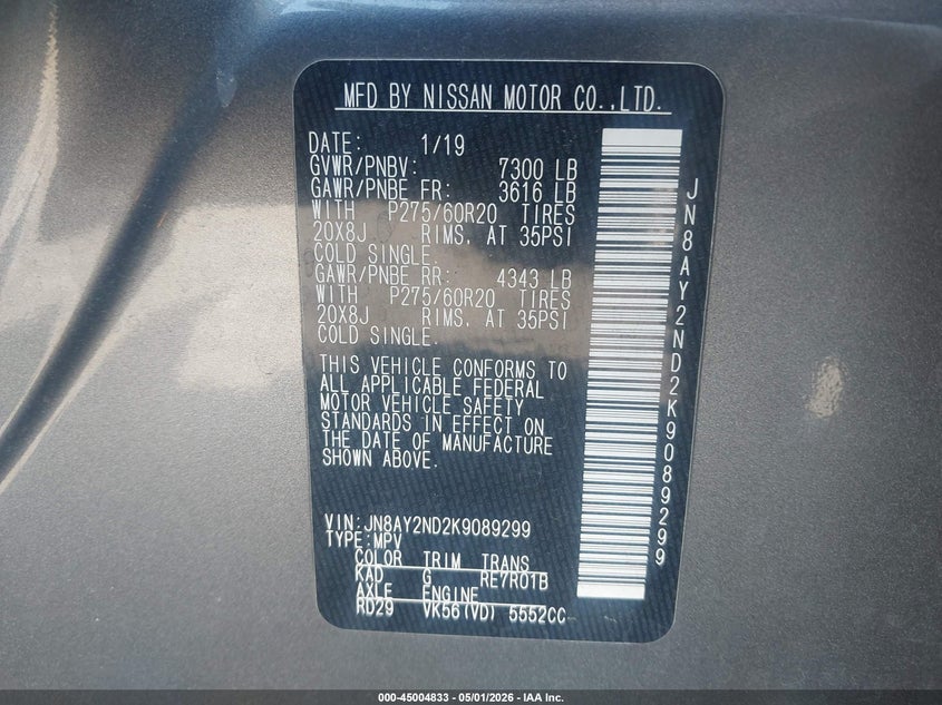 2019 Nissan Armada VIN JN8AY2ND2K9089299 IAAI salvage auction — FRONT END, Salvage - Greater Than 75% (Maryland), sold $2,950 on 2026-07-27 (photo 9)