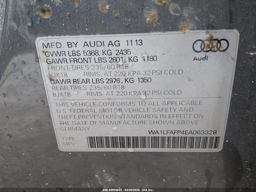 2014 Audi Q5 VIN WA1LFAFP4EA063328 IAAI salvage auction — RIGHT SIDE, Salvage (South Carolina), sold $1,050 on 2026-07-21 (photo 9)