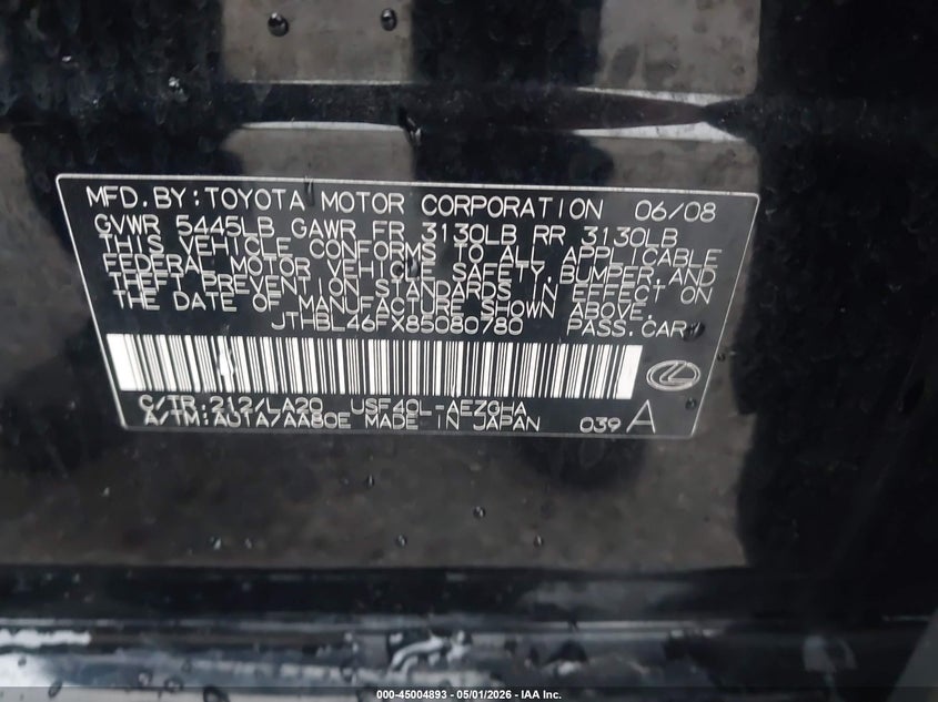 2008 Lexus Ls VIN JTHBL46FX85080780 IAAI salvage auction — FRONT END, Salvage (Louisiana), sold $450 on 2026-07-14 (photo 9)