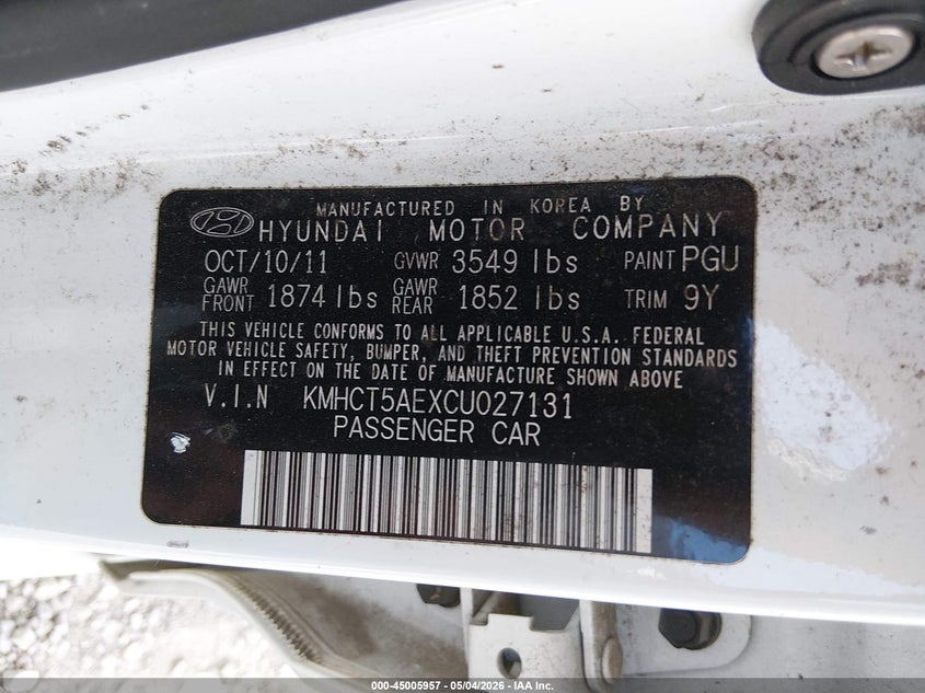 2012 Hyundai Accent VIN KMHCT5AEXCU027131 IAAI salvage auction — RIGHT SIDE, Wait Title, sold $850 on 2026-07-24 (photo 9)