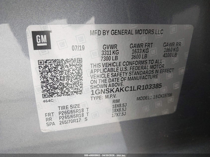 2020 Chevrolet Tahoe VIN 1GNSKAKC1LR103385 IAAI salvage auction — FRONT END, Original (Texas), sold $7,800 on 2026-07-29 (photo 9)