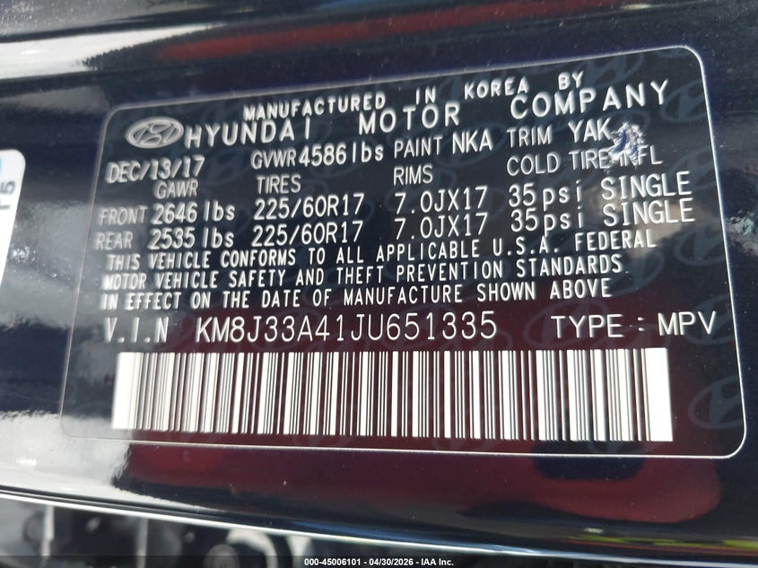2018 Hyundai Tucson VIN KM8J33A41JU651335 IAAI salvage auction — FRONT END, Rebuildable (Florida), sold $2,700 on 2026-07-16 (photo 9)